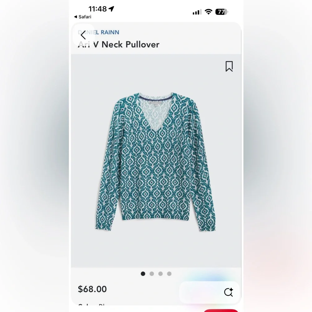 Daniel Rainn Aria Paisley Teal and White V-Neck Pullover Sweater XL